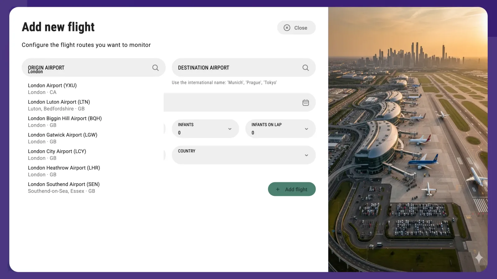 The airport autocomplete resolving a city into its airports with their IATA codes