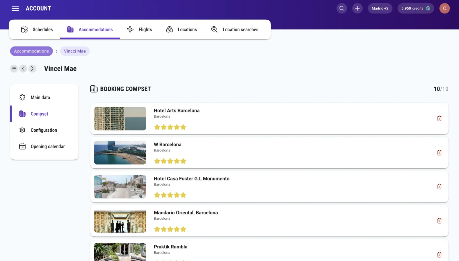 The comp set of a hotel on its detail: ten competitors attached, each with its city and star rating, and the 10/10 counter